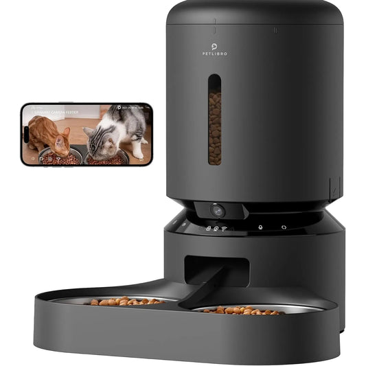 PETLIBRO 5L Automatic Cat Feeder with HD Camera, 1080P Night Vision, 5G WiFi Connectivity, Two-Way Audio, Motion and Sound Alerts, Dual Tray Design for Cats and Dogs, Black