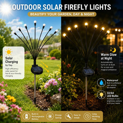 Professional Outdoor Solar Firefly Lights - Waterproof Garden Stake Illumination, Available in 4 or 8 Packs, Featuring Auto Dusk-To-Dawn Functionality with 32 or 64 LED Bulbs for Yard, Patio, Pathway, Walkway, and Landscape Decoration
